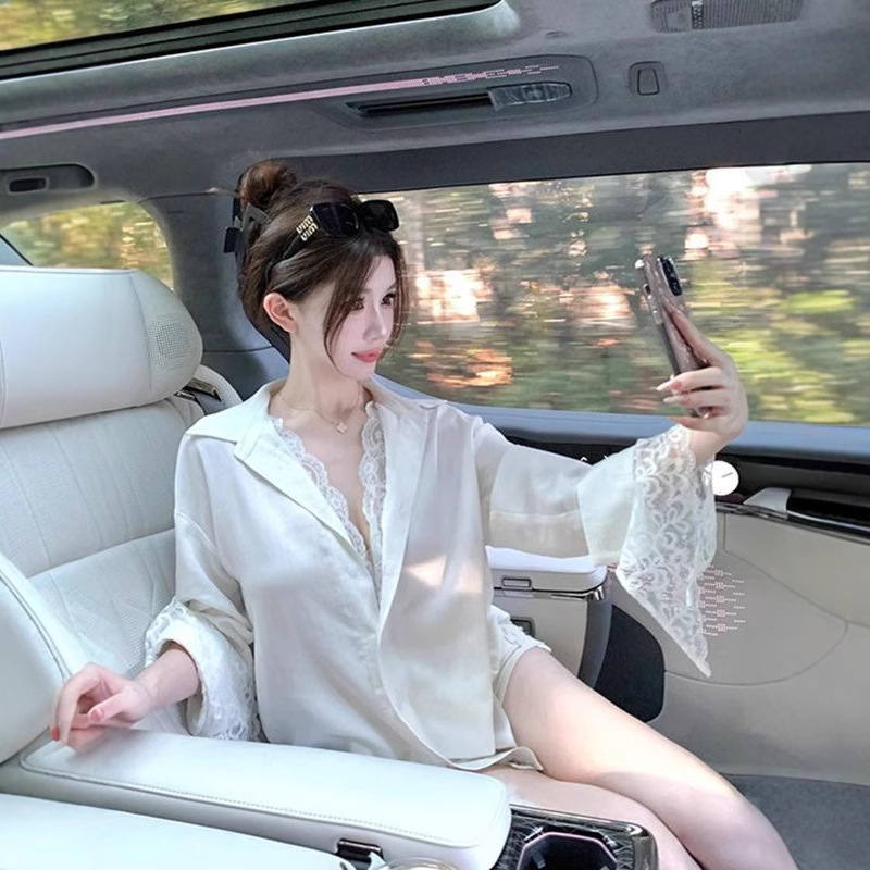 Foreign Trade Cross-border Spring and Summer Lace Stitching Fake Two-piece Mid-length Shirt Loose Royal Sister-style Long-sleeved Shirt Women's Sun Protection