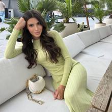 8色跨境兔绒包芯纱显瘦长袖针织长款连衣裙休闲收腰乱坑条长裙女