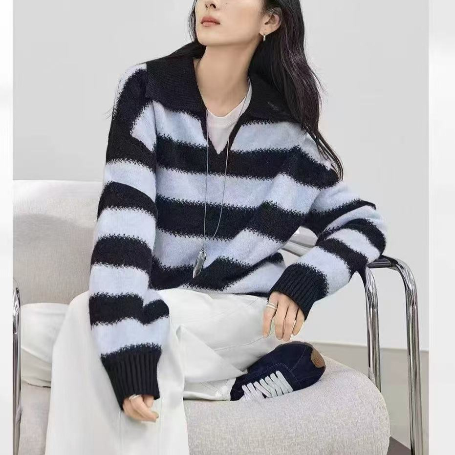 Autumn and Winter New Color-Blocked Pullover Knit Sweater for Women 2025 New Loose Casual College Style Outerwear Sweater Casual