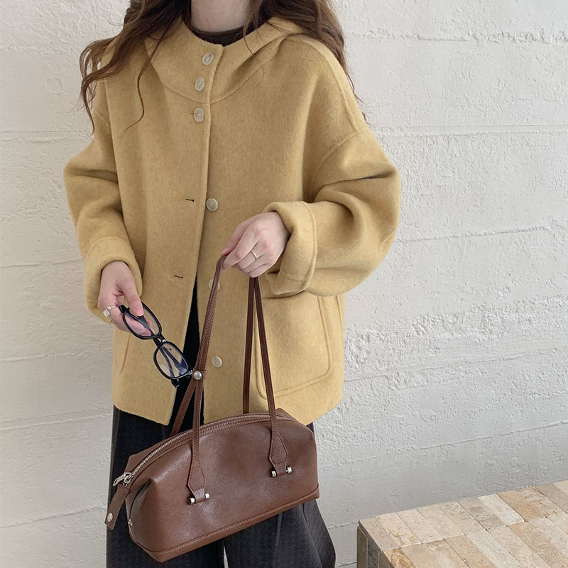 Korean Mid-Length Double-Sided Wool Outwear 2025 Autumn and Winter New Korean Candy Color Hooded Wool Outwear for Women