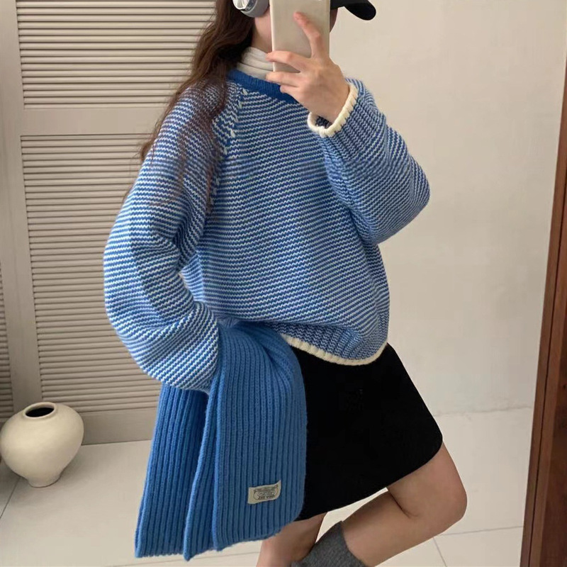 蓝色条纹毛衣女复古慵懒风2025秋冬新款圆领撞色百搭针织衫上衣厚|undefined