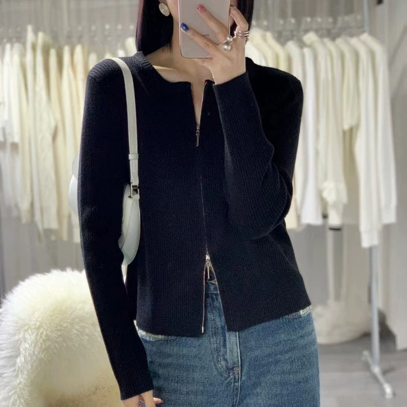 Вязаный кардиган с круглым вырезом и двойной молнией для женщин 2023 Ранняя весна новый простой Однотонный свитер верхнее пальто