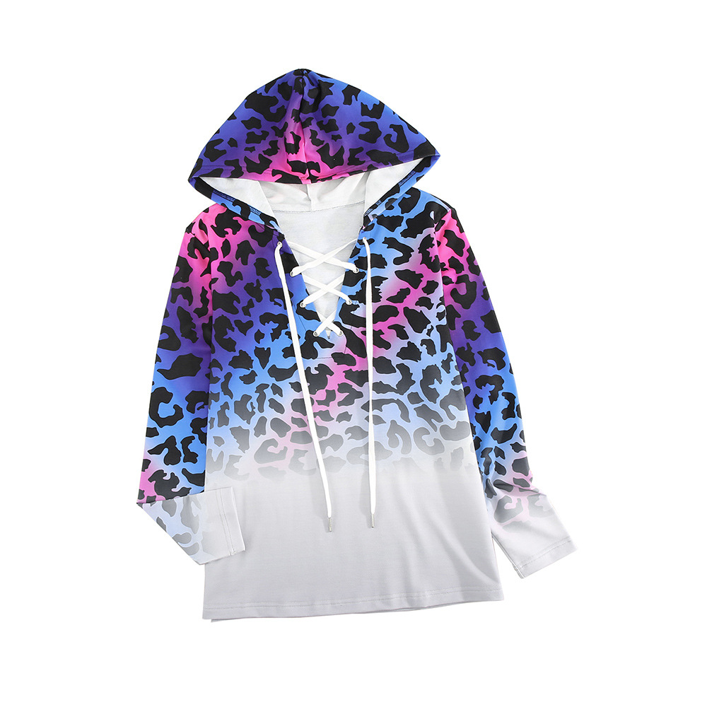 Winter New Gradient Color Sweatshirt For Women Trendy Leopard Print Tie Pullover Hoodie_desvips.com