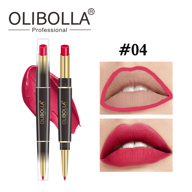OLIBOLLA lápiz labial de doble cabeza delineador de labios 24 colores perlado color impermeable lápiz labial giratorio exclusivo transfronterizo