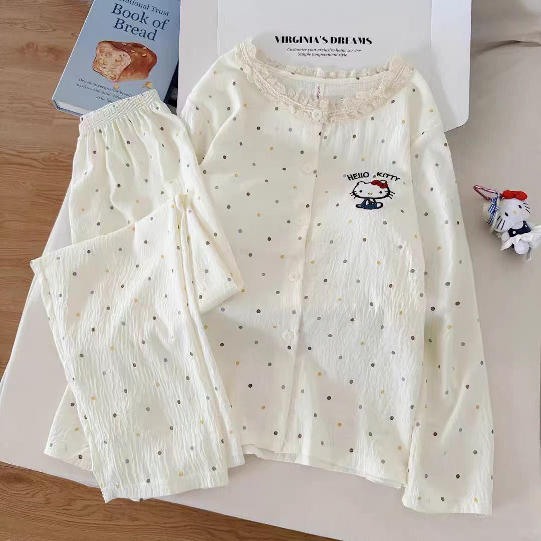 Al por mayor transfronterizo con cojín de pecho encaje KT gato pijama de mujer nubes algodón pantalones de manga larga dibujos animados estudiantes ropa de casa