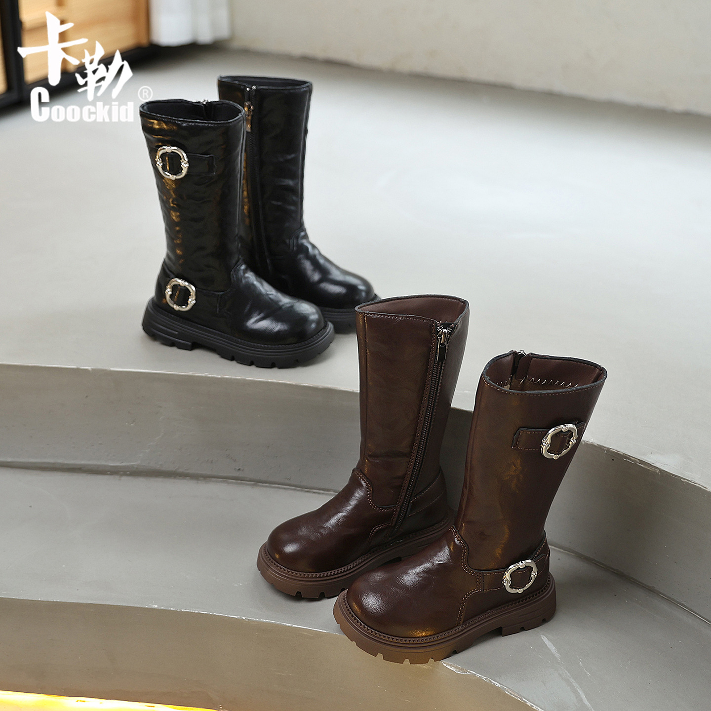 Girls' Long Boots 2025 Winter New Children's Martin Boots Retro Leather Boots Girls' Long Boots Runway High Boots Trendy