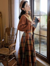 法式同色系时尚套装女春秋款针织毛衣格子毛呢半身裙两件套