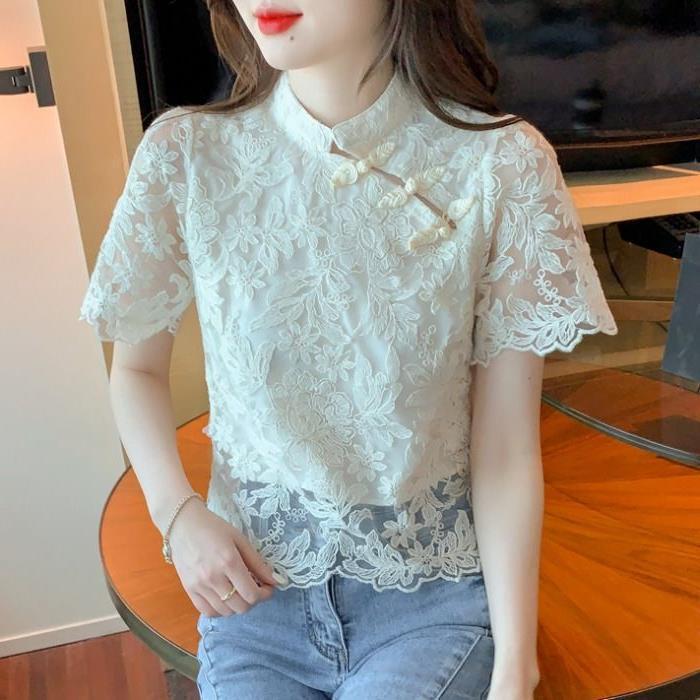 Lace Cheongsam Top Women's Summer Design Niche Retro Button Short-sleeved Shirt Fashionable Elegant Small Shirt