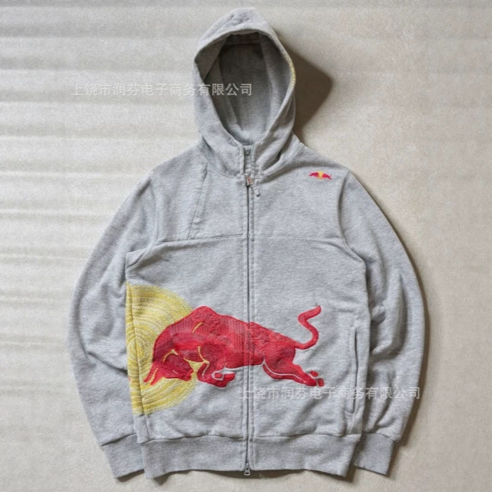 American Red Bull Print Full-Zip Hooded Sweatshirt for Men, Loose Fit Cardigan Jacket, Vintage Casual Trendy Brand Hoodie
