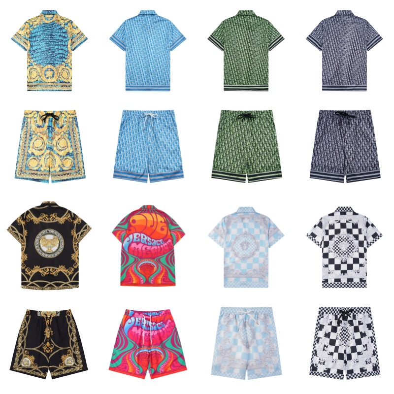 Cross-Border Wholesale Men's Shirts Summer Trendy Brand Fanjia Gujia All over Letter Printed Short-Sleeved T-Shirt Two-Piece Set