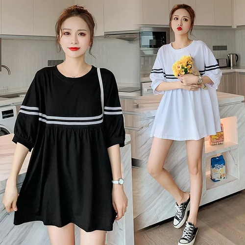Relaxed Plus Size Summer Women's Casual Fashion Korean Style Loose Slimming Short Sleeve Dress