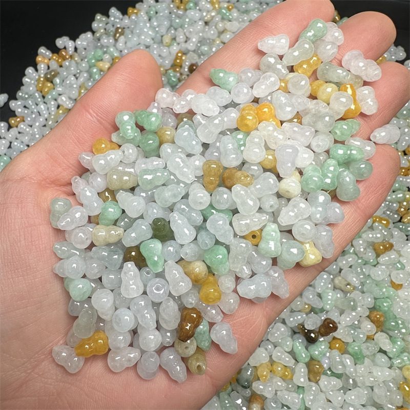 ミャンマー翡翠a玉石三彩ひょうたんブレスレットネックレス福禄部品玉氷種散珠玉珠豆緑種|undefined