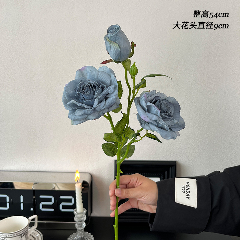 2花1蕊干枯烤边玫瑰花复古秋色仿真花假花装饰花摆件DIY花材外贸|undefined
