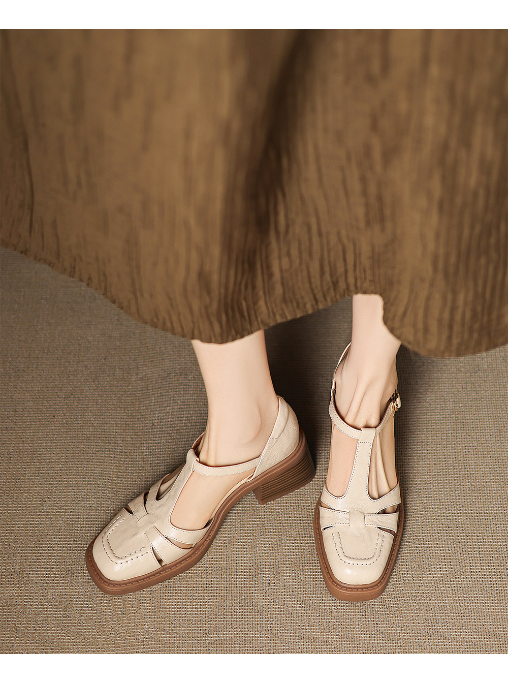 Sandal nữ quai hậu da thật dệt kiểu retro, gót dày, mũi nhọn, đế mềm — Màu trắng nhạt chi tiết 12