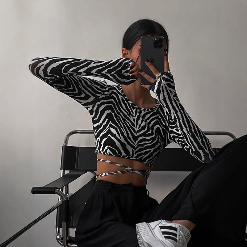 European and American Women's 2021 Autumn New International Station Casual Navel Lace-up Zebra Pattern Backless Top