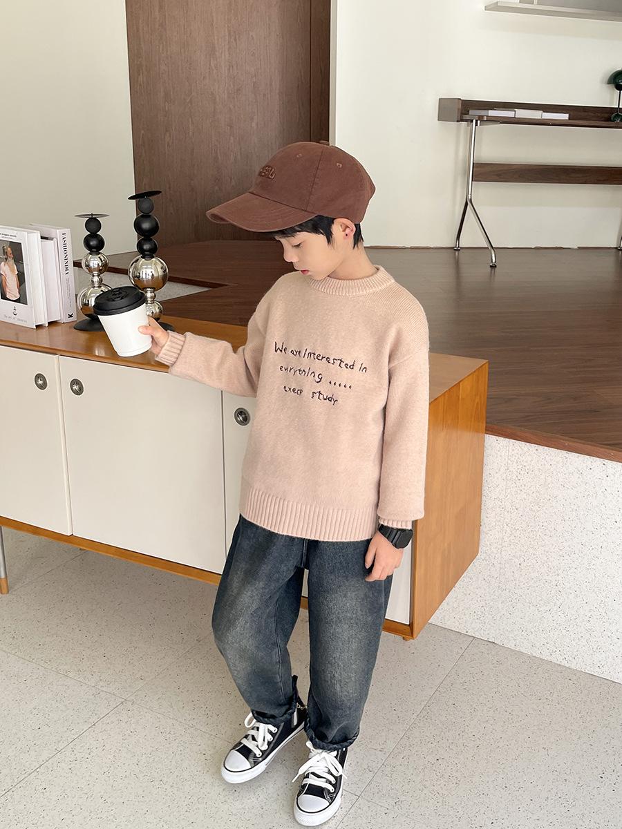 Boys' Soft and Trendy Korean-Style Round-Neck Sweater, Fashionable Knitwear for Children, New Autumn/Winter 2025 Children's Clothing, Winter Wear