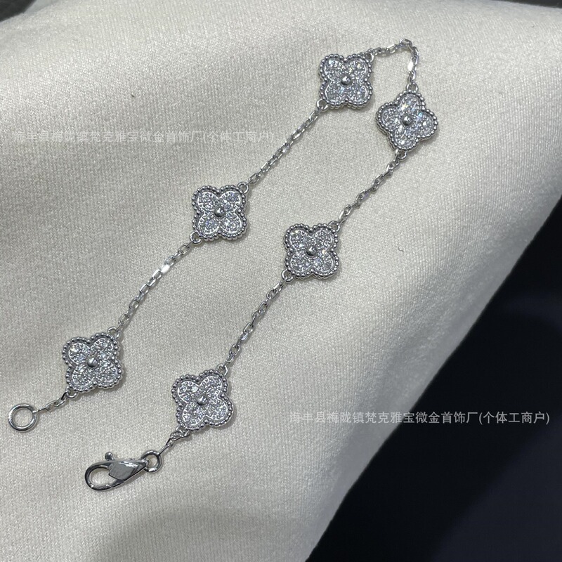 Vcα High Version Mini Six-Flower Full Diamond Four-Leaf Clover Bracelet Women's V Gold Mini Single Flower Diamond Bracelet Simple and Accessible Luxury Vcα High Version Mini Six-Flower Full Diamond Four-Leaf Clover Bracelet Women's V Gold Mini Single Flower Diamond Bracelet Simple and Accessible Luxury