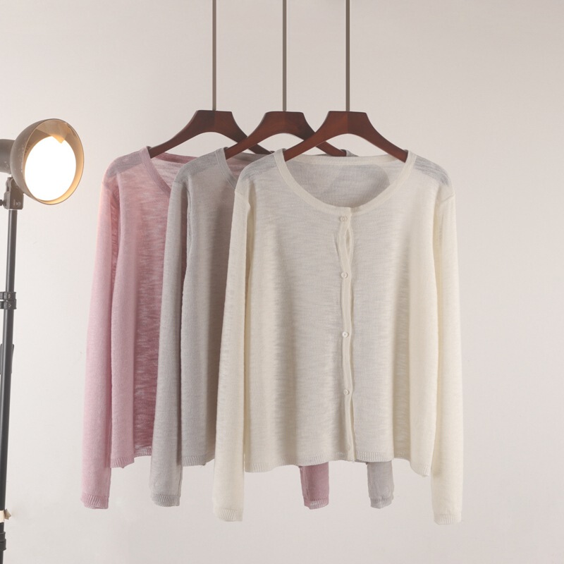 Thin Slub Short Knitted Cardigan Jacket Women's Summer Round Neck Ice Silk Linen Hollow Sunscreen Air-conditioning Blouse