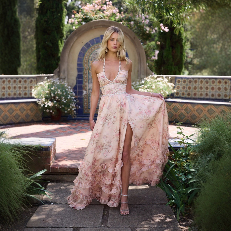 Amazon's Popular Spring and Summer Foreign Trade Women's Clothing, Elegant Dress, Printed Slim Fit, Large Hem, Holiday Suspender Long Skirt