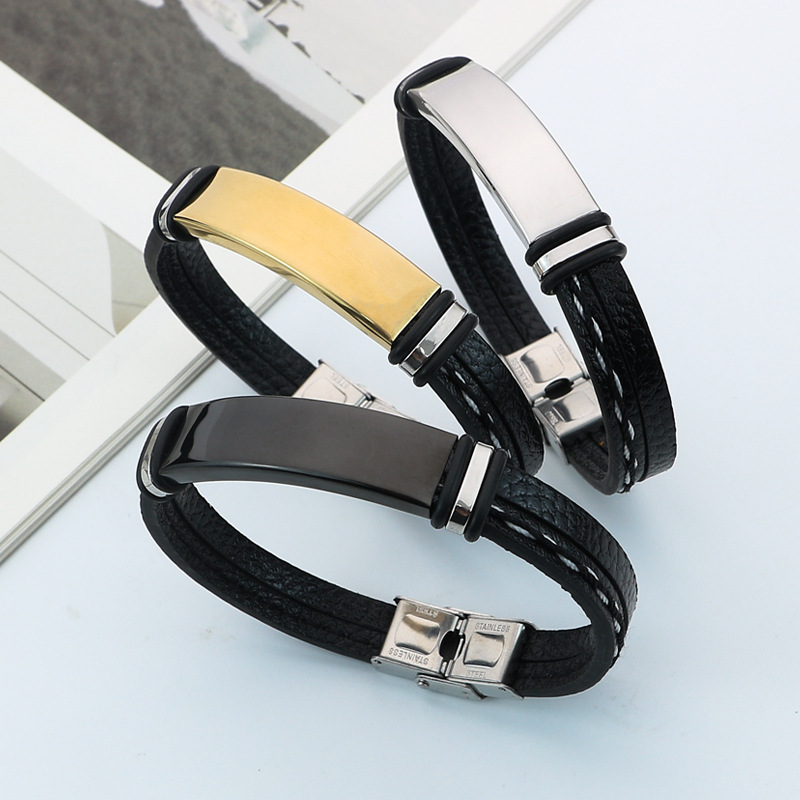 AliExpress wish Hip-Hop Trendy PU Leather Woven Leather Bracelet Simple Empty Tube Curved Brand Engraving Couple's Bracelet