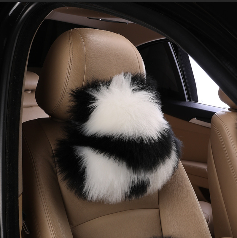 Xióngmāo Faux Long Wool Panda Plush Car Seat Cushion Chair Pillow (Wool pad) - panda-plush-headrest-one