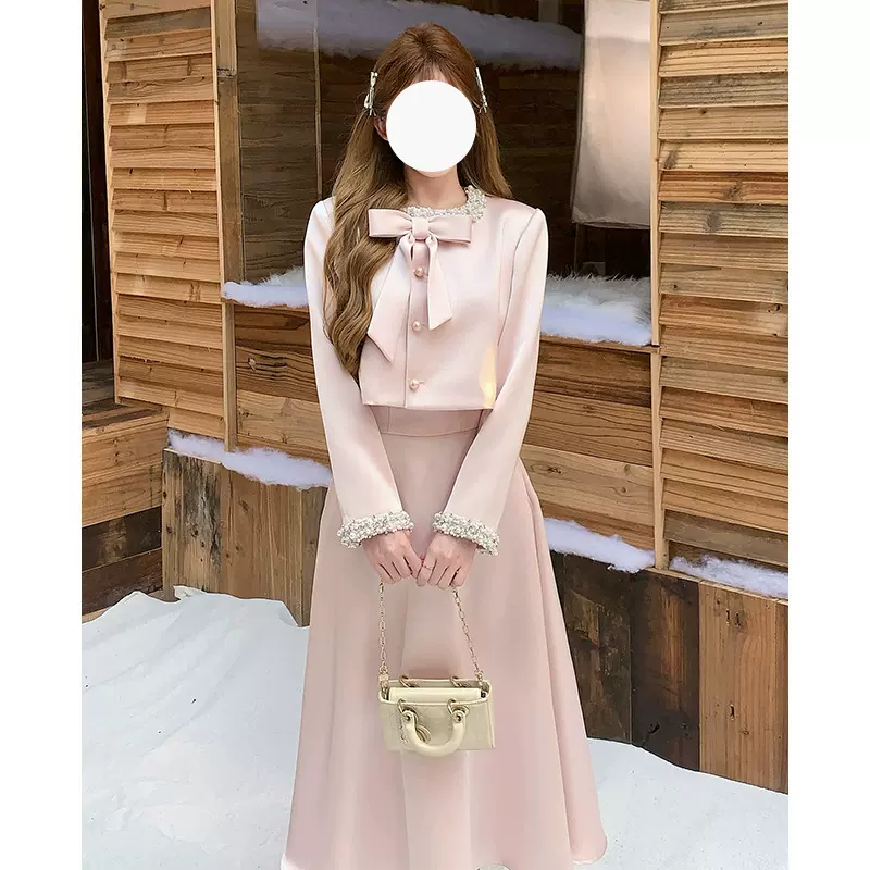 法式小香风名媛气质纯欲少女风重工钉珠外套缎面高腰长裙套装女