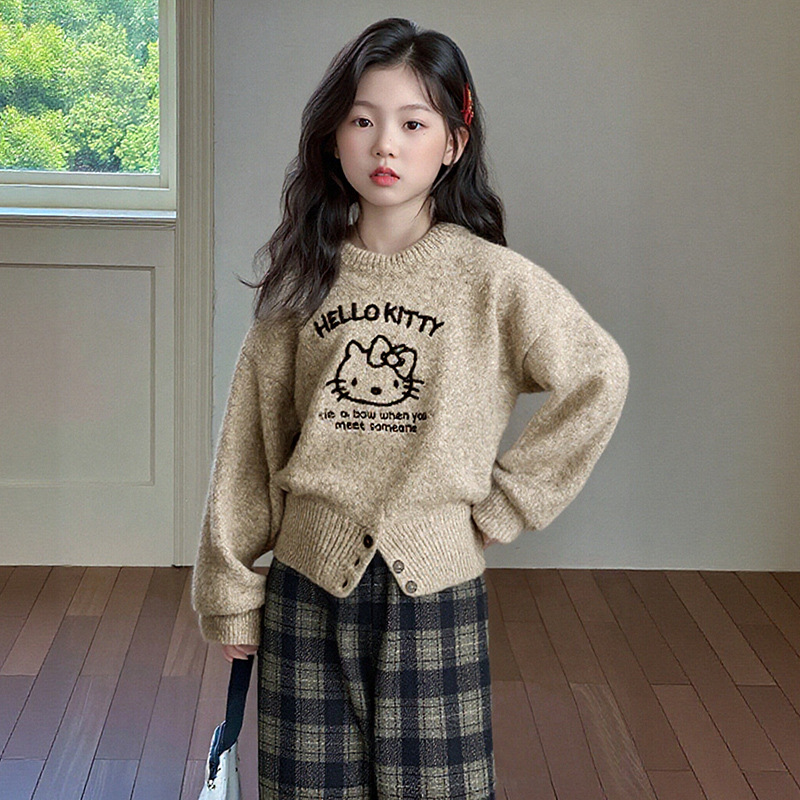 女童秋冬法式慵懒风新款毛衣套装洋气女孩秋装针织衫格子裤两件套|undefined