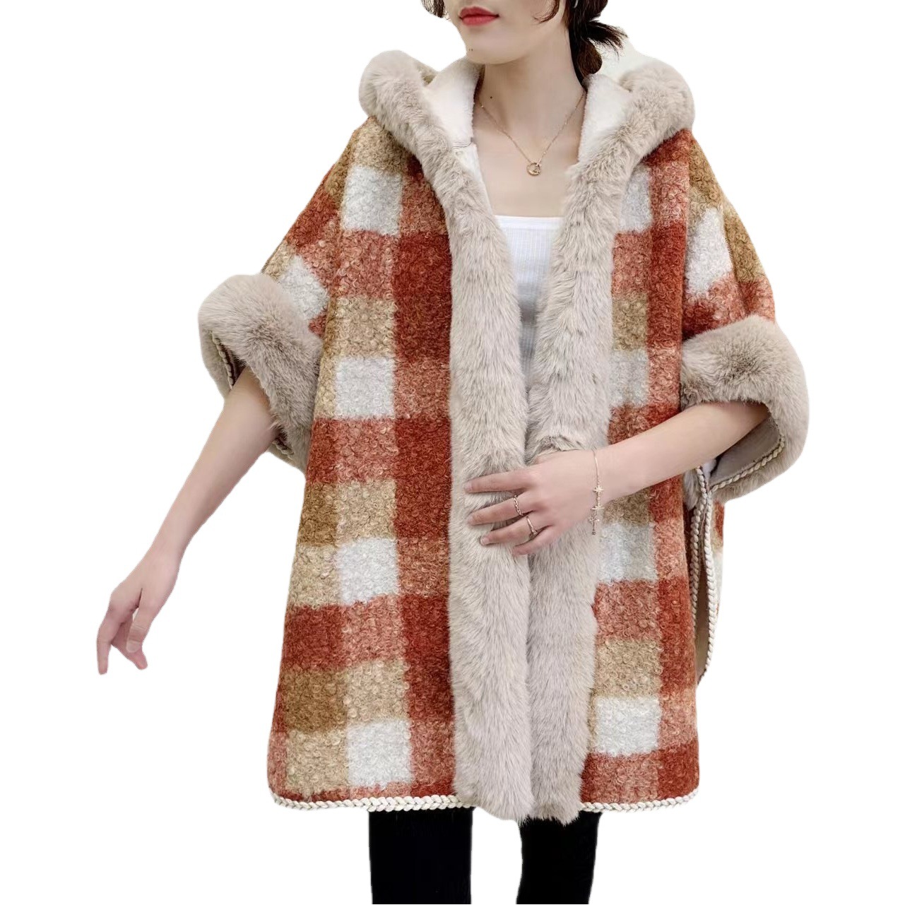 Internet celebridad Cabo chal abrigo de invierno de las mujeres con capucha de longitud media dulce forro polar grueso impreso cálido Cabo a cuadros