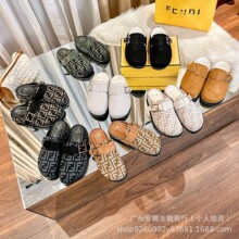 欧洲站F家25新款男女包头百搭拖鞋真皮刺绣金属方扣外穿休闲博肯