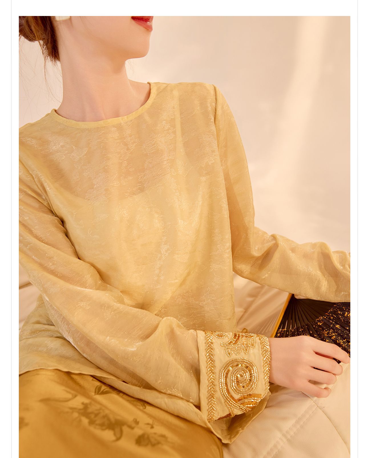 Áo sơ mi nữ dài tay phong cách Trung Hoa mới, đính cườm thêu tay, chất liệu rayon mỏng nhẹ N2071 — Màu hồng, Màu trắng be, Màu vàng nhạt chi tiết 26