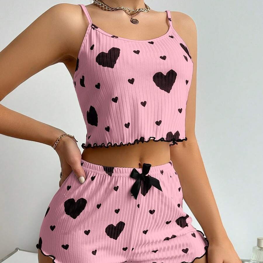 Cross-Border Hot-Selling Women's Home Wear Heart-Printed Suspender Shorts Casual Pit Strips Can Be Worn Outside European and American Style Pajamas