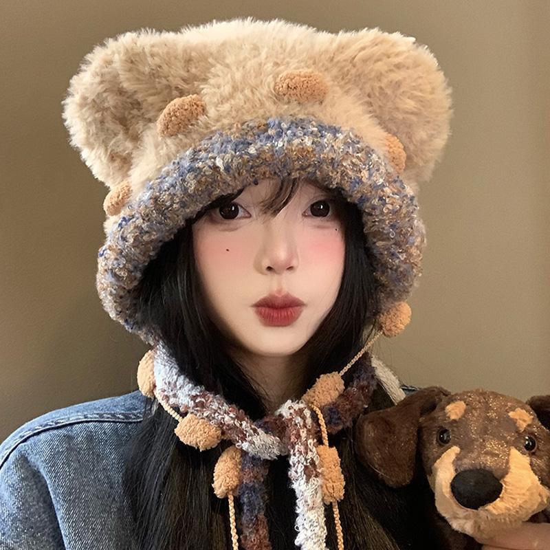 小熊耳朵毛绒帽子女秋冬季显脸小针织护耳帽保暖防寒套头雷锋帽子|undefined