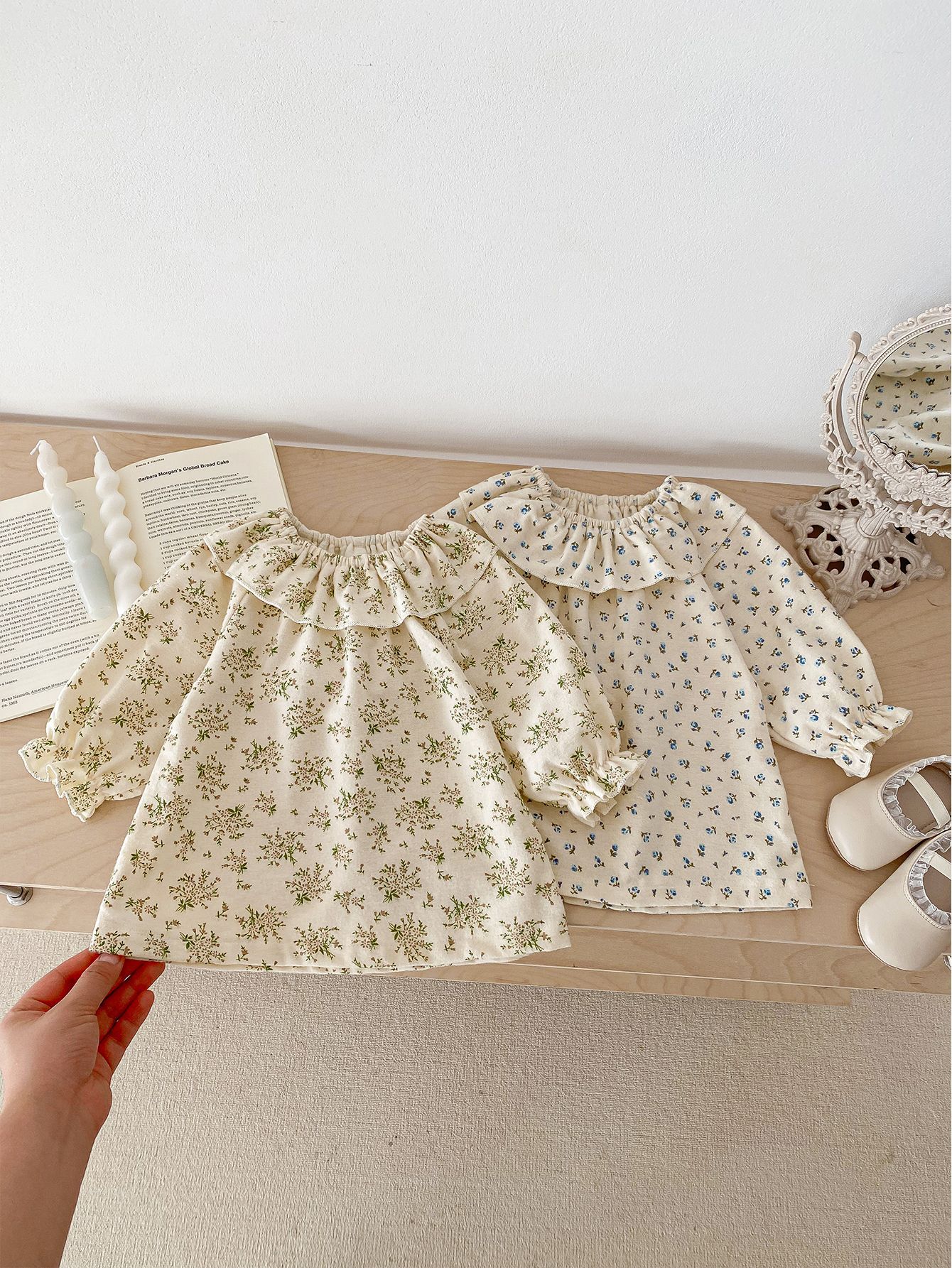 Ins estilo coreano ropa de primavera para bebés de manga larga con volantes cuello camiseta floral camisa de fondo muñeca cuello superior