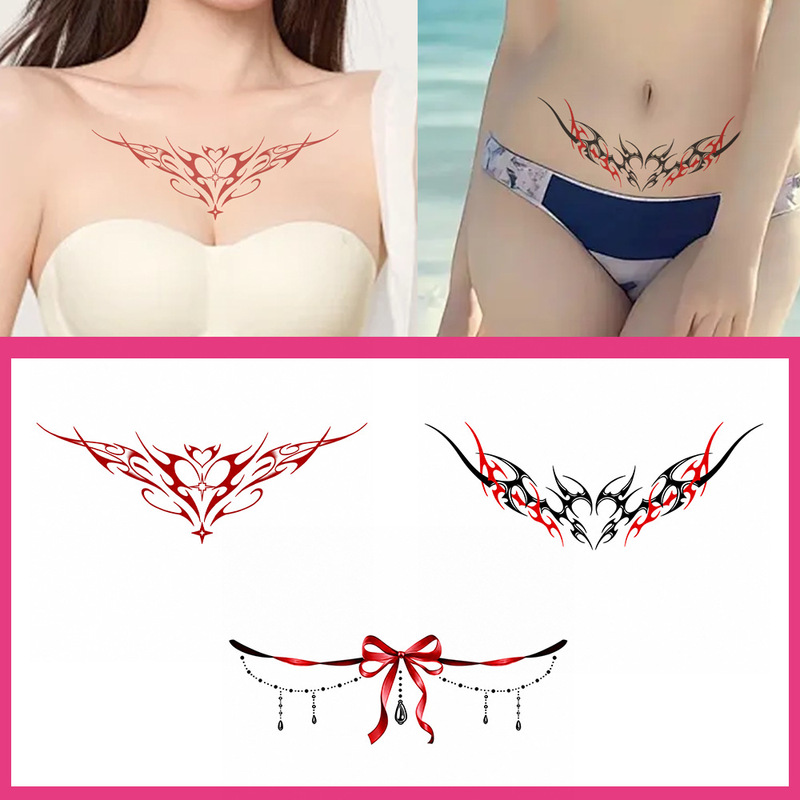 Pure Desire Dark Style Waist and Chest Tattoo Stickers Heart Thorns Ribbon Pendant Waterproof Temporary Tattoo Stickers for Girls