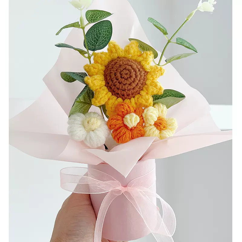向日葵抱抱桶成品花束毛线编织花束仿真花教师节礼物送幼儿园老师