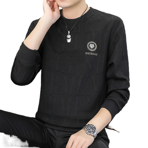 High-end Men's Crew Neck Loose Fit Long Sleeve T-Shirt with Embroidery for Spring and Autumn, Trendy Casual Top