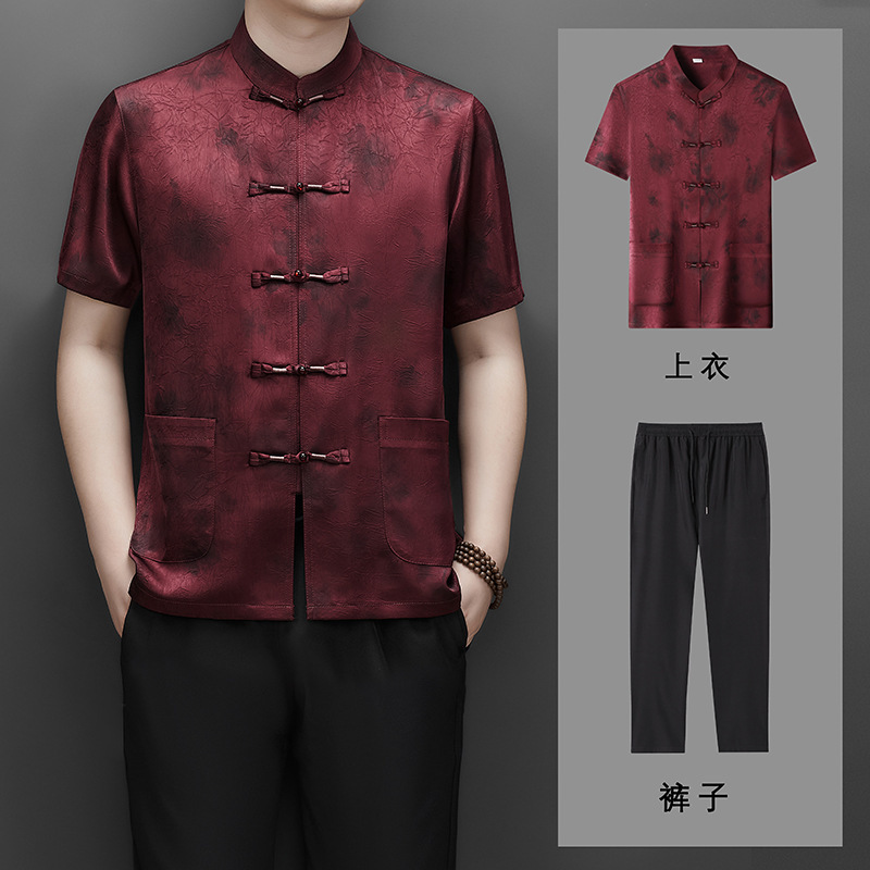 2025 夏中国風香雲糸唐スーツスーツメンズ半袖中高年夏大きいサイズお父さんスーツ服|undefined
