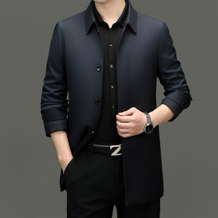 With Mulberry Silk Business Casual Middle-aged Men's Windbreaker Spring and Autumn Mid-length Single-breasted Lapel Jacket Fashionable for Dad