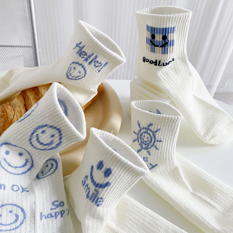 White Socks for Women at Home, Mesh Breathable Summer Thin Smiling Face Short-Tube Sports Style Casual Cotton Socks