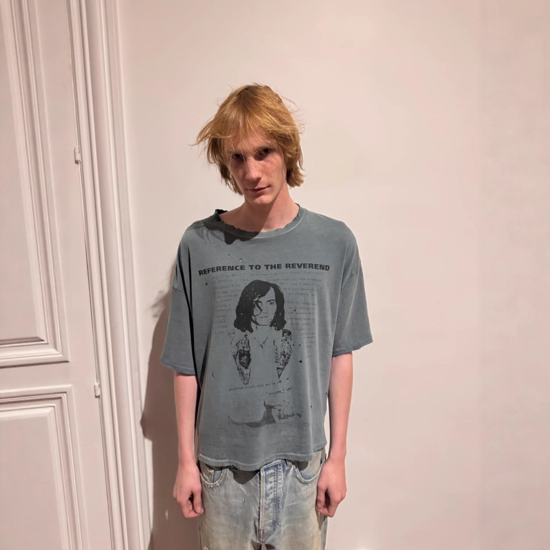 Erd Grjkd Melancholic Rich Second-Generation Priest's Tribute Washed and Distressed Short-Sleeved T-Shirt for Men and Women Trendy High Street