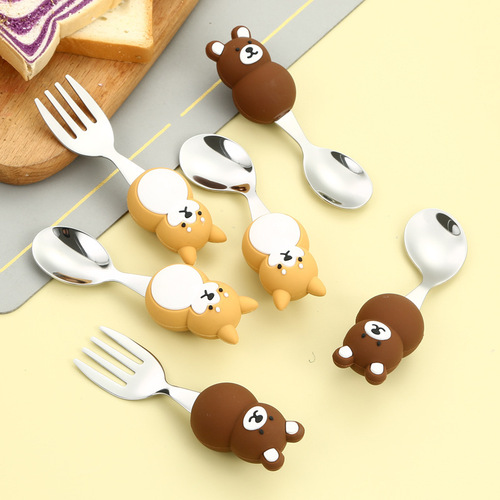 304 stainless steel spoon and fork cartoon cute baby learning to eat yogurt spoon baby going out portable children's tableware