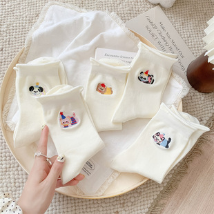 Spring and Summer New Embroidered Cartoon Cute Cream Socks, College Style Mid-Tube Socks, Japanese Style Rolled Edge Cotton Socks, Seamless Jk Socks for Women