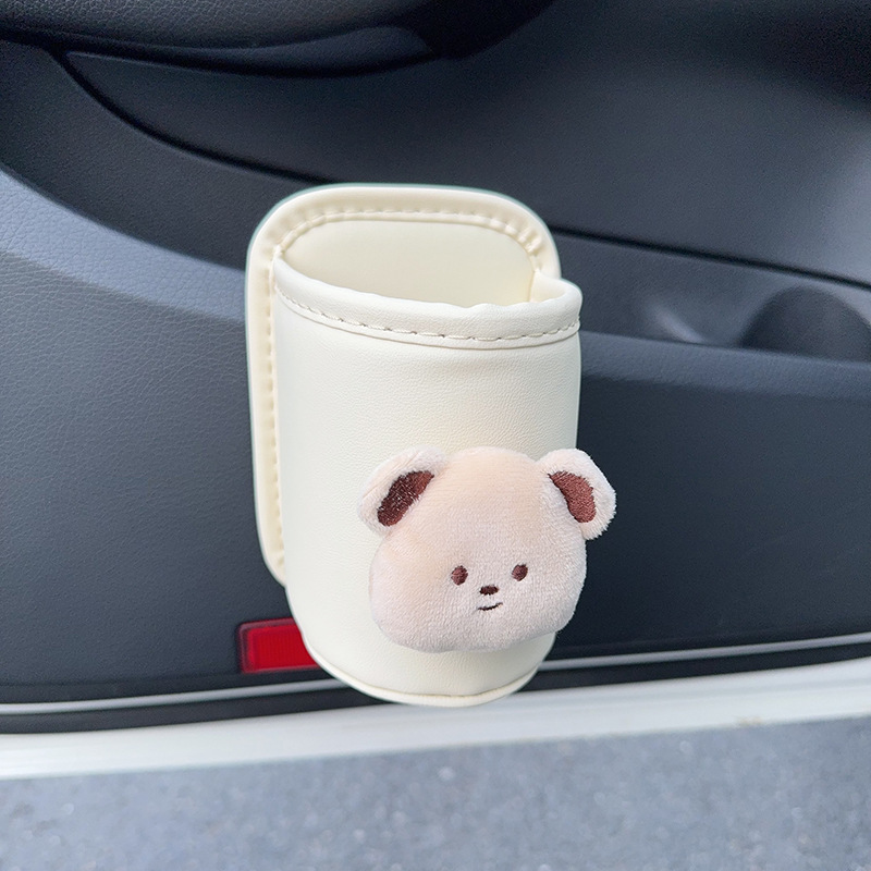 Qìchē – Car cup holder/beverage holder Holder Backrest Fixed - plush-bear-beige-cup-storage-bucket