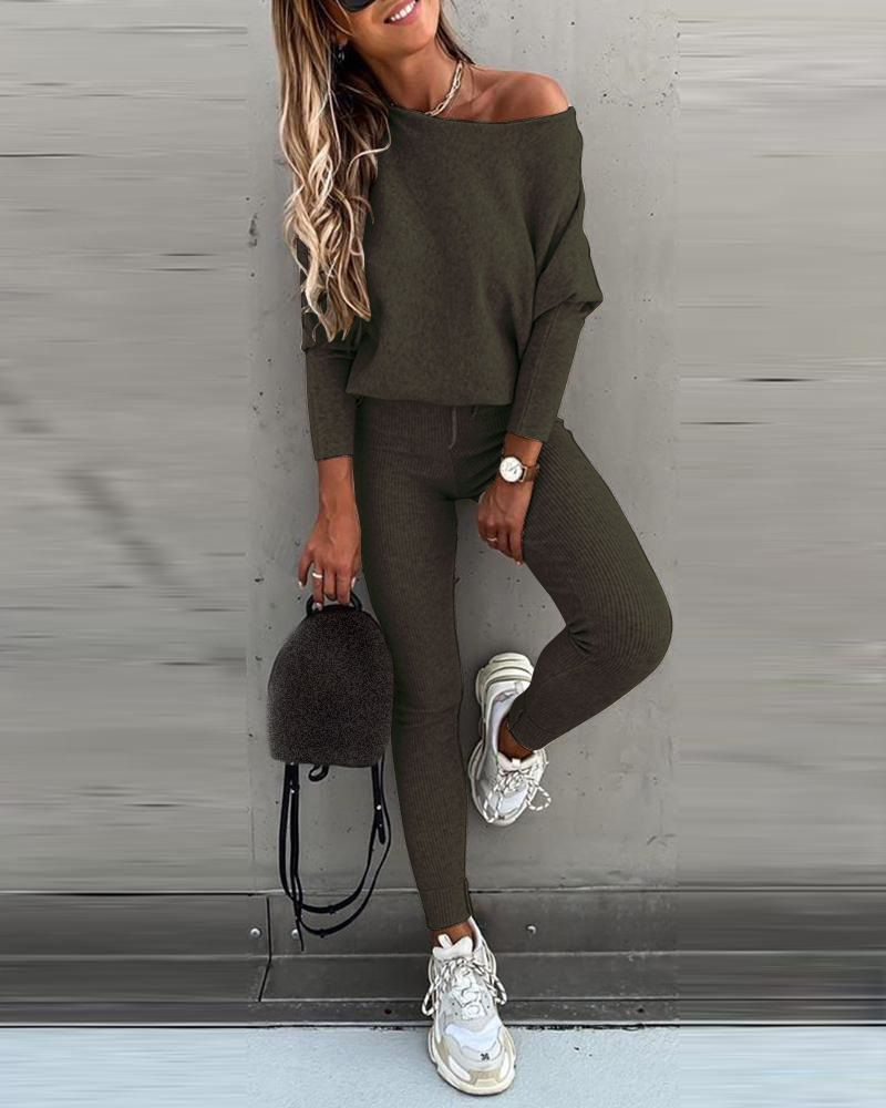 Solid Color Sloping Shoulder Long Sleeve Shirt & Pants 2 Piece Set NSYF66877