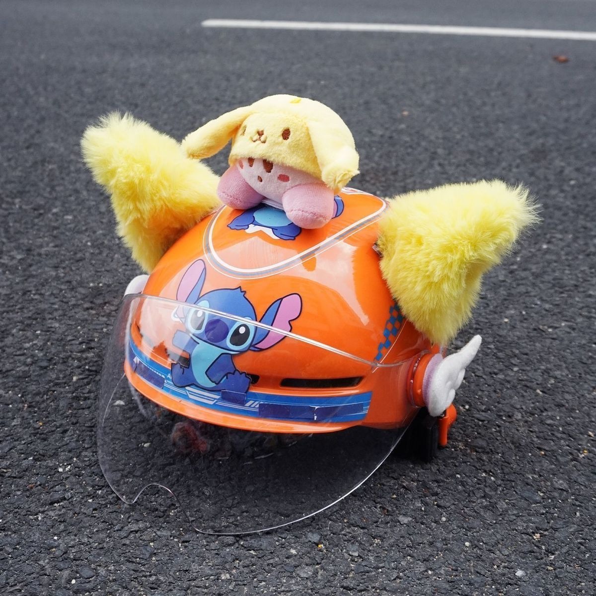 Cute plush versatile yellow cat ear helmet with accessories, Kirby detachable motorcycle helmet gear