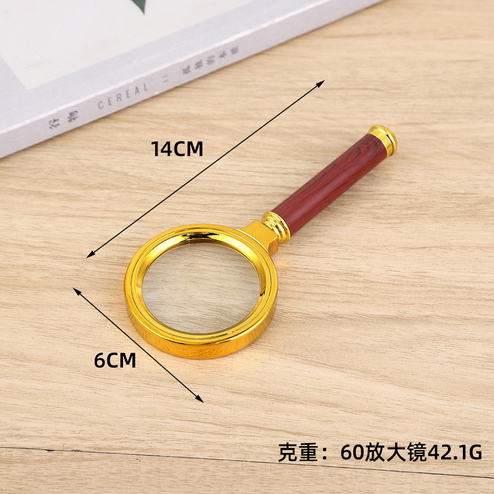 Lupa mano portátil HD, mango imitación rosa chapado oro, lectura grano madera, venta al por mayor.