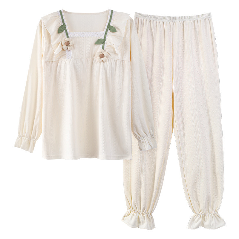 가슴 패드와 잠옷 여성의 봄과 가을 새로운 자카드 코튼 긴 소매 바지 귀여운 공주 스타일 여성 홈 의류 세트