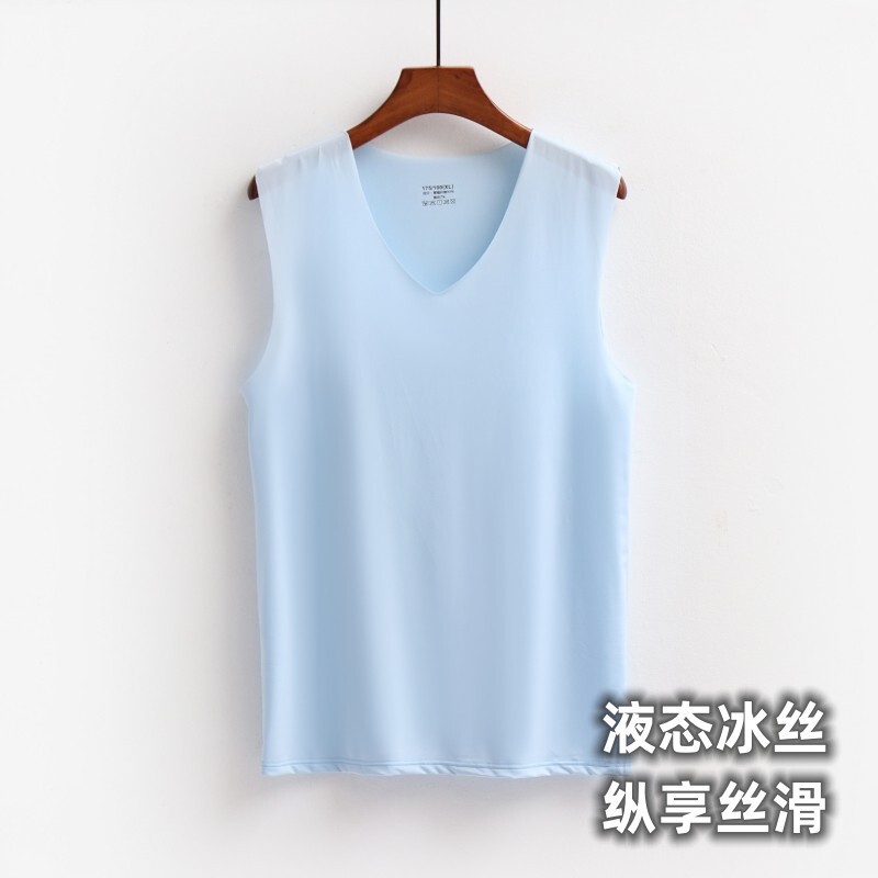 [Liquid Ice Silk] Silk Smooth Summer Men's Vest Ultra-thin Seamless V-neck Wide Shoulder Sports T-shirt Quick-drying High Elastic