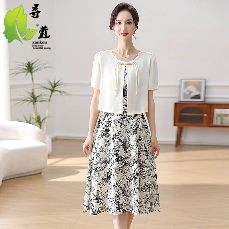 Fashionable shiffon dress, long skirt for mother, city style, shiffon with print, for middle age, 2024 years