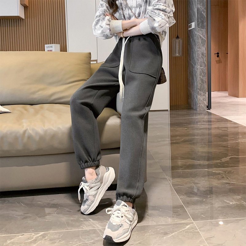 Silk Velvet Windproof Pants with Leg-up High Waist fleece-lined Thickened Spring and Autumn Loose All-match Casual Sports Pants for Women